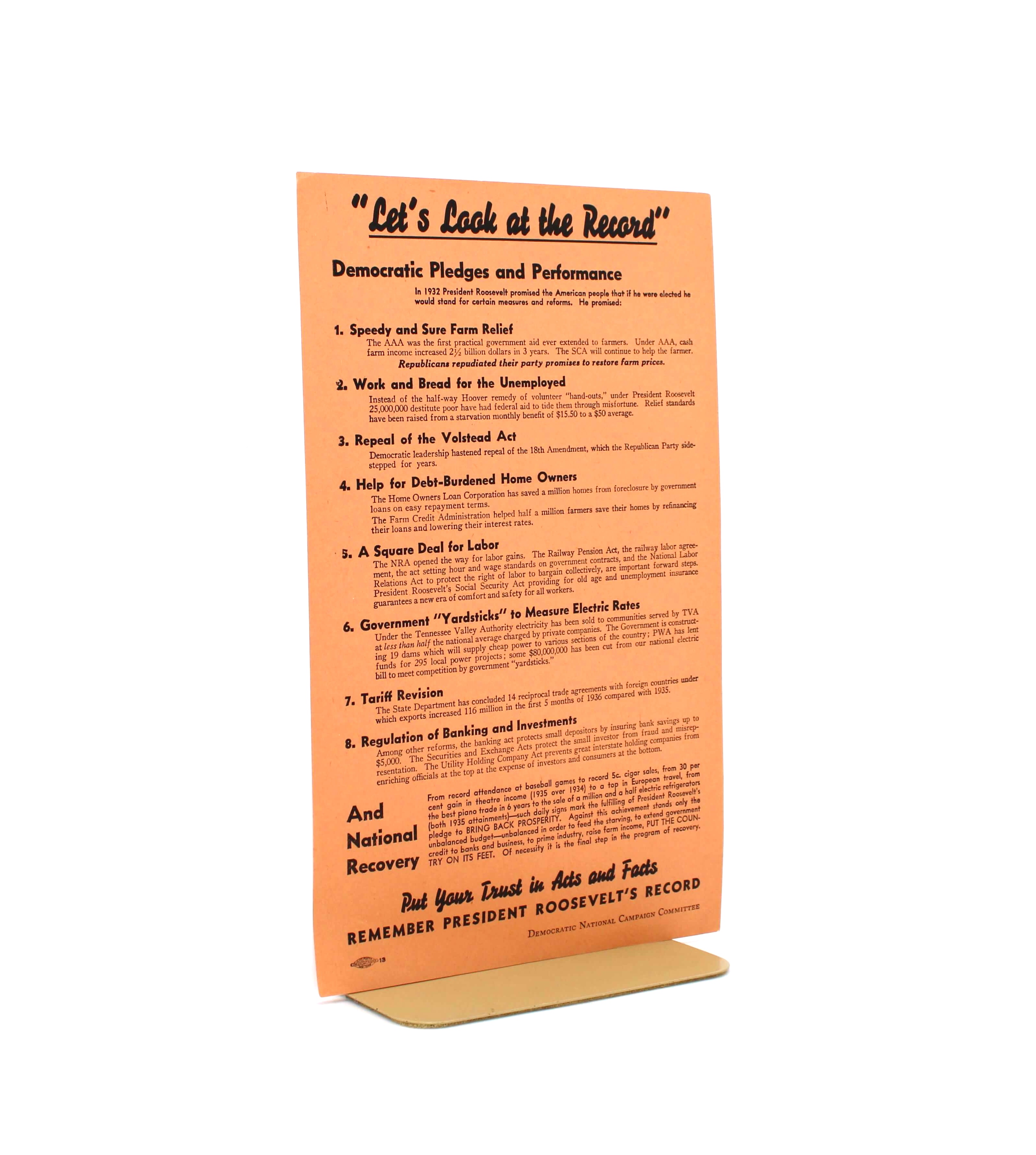 “Let’s Look at the Record” Broadside. From the Campaign to Reelect Franklin D. Roosevelt. Democratic National Campaign Committee. No Place, 1936.