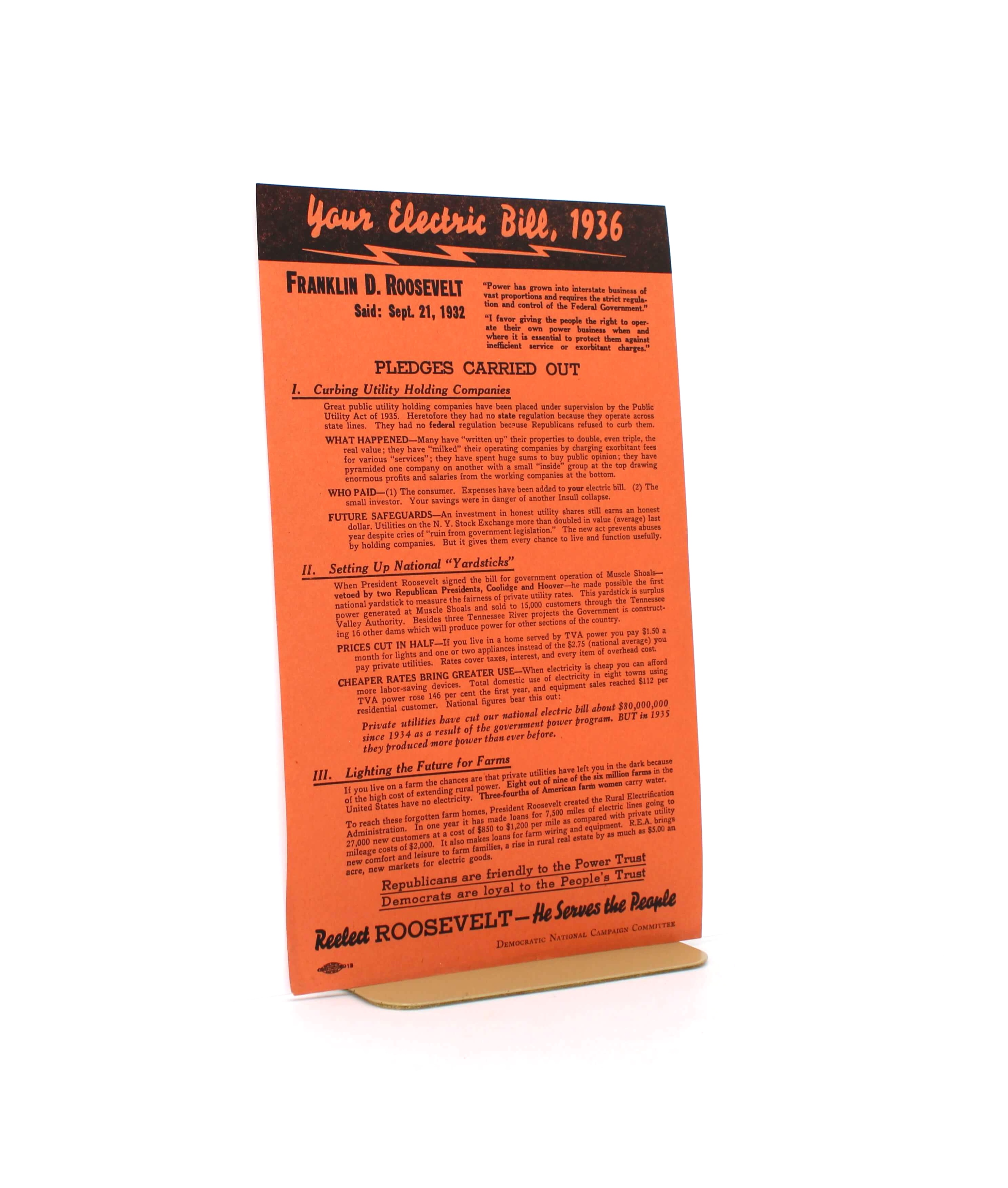 “Your Electric Bill, 1936” Broadside. From the Campaign to Reelect Franklin D. Roosevelt. Democratic National Campaign Committee. No Place, 1936.