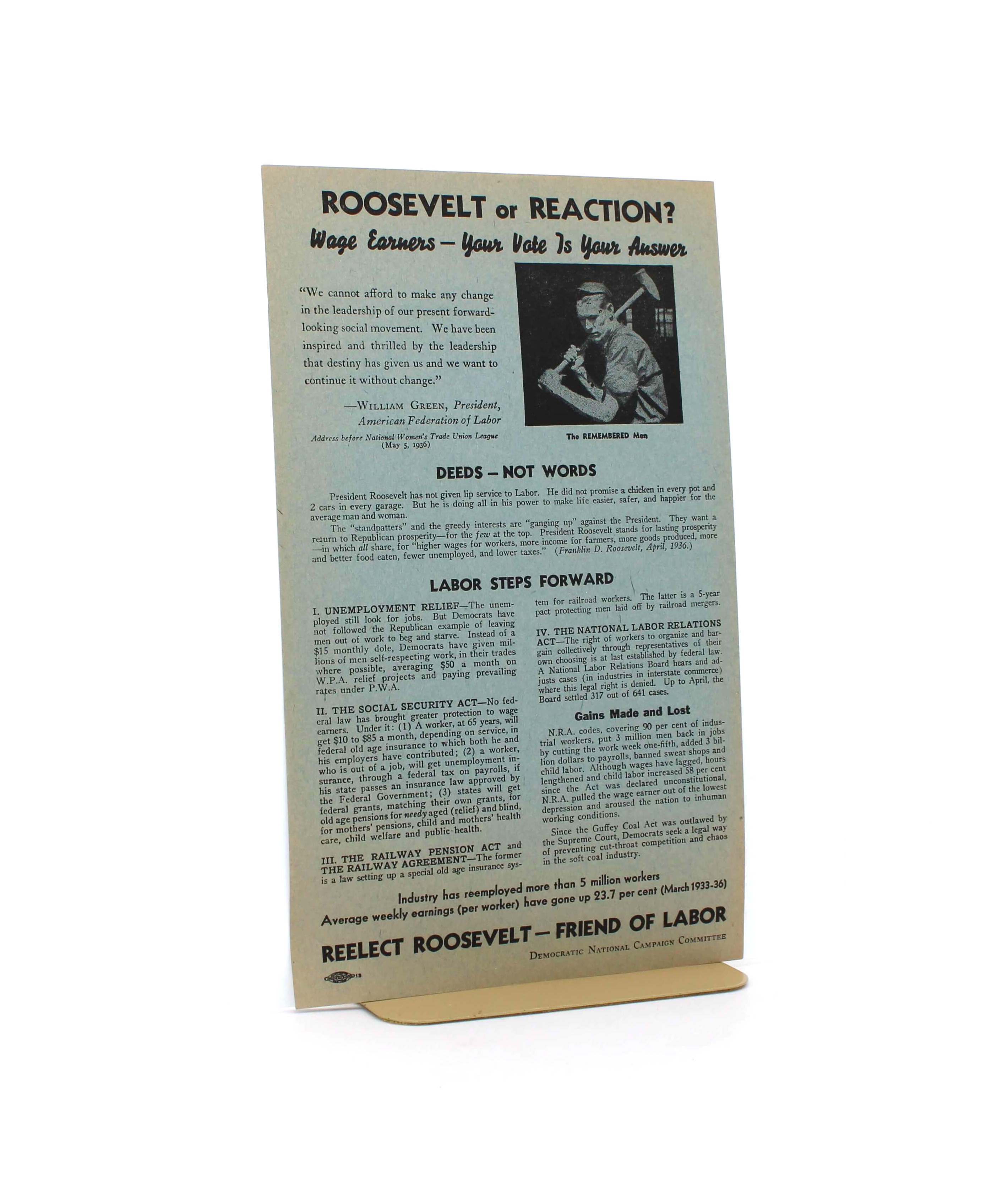 “Roosevelt or Reaction?” Broadside. From the Campaign to Reelect Franklin D. Roosevelt. Democratic National Campaign Committee. No Place, 1936.