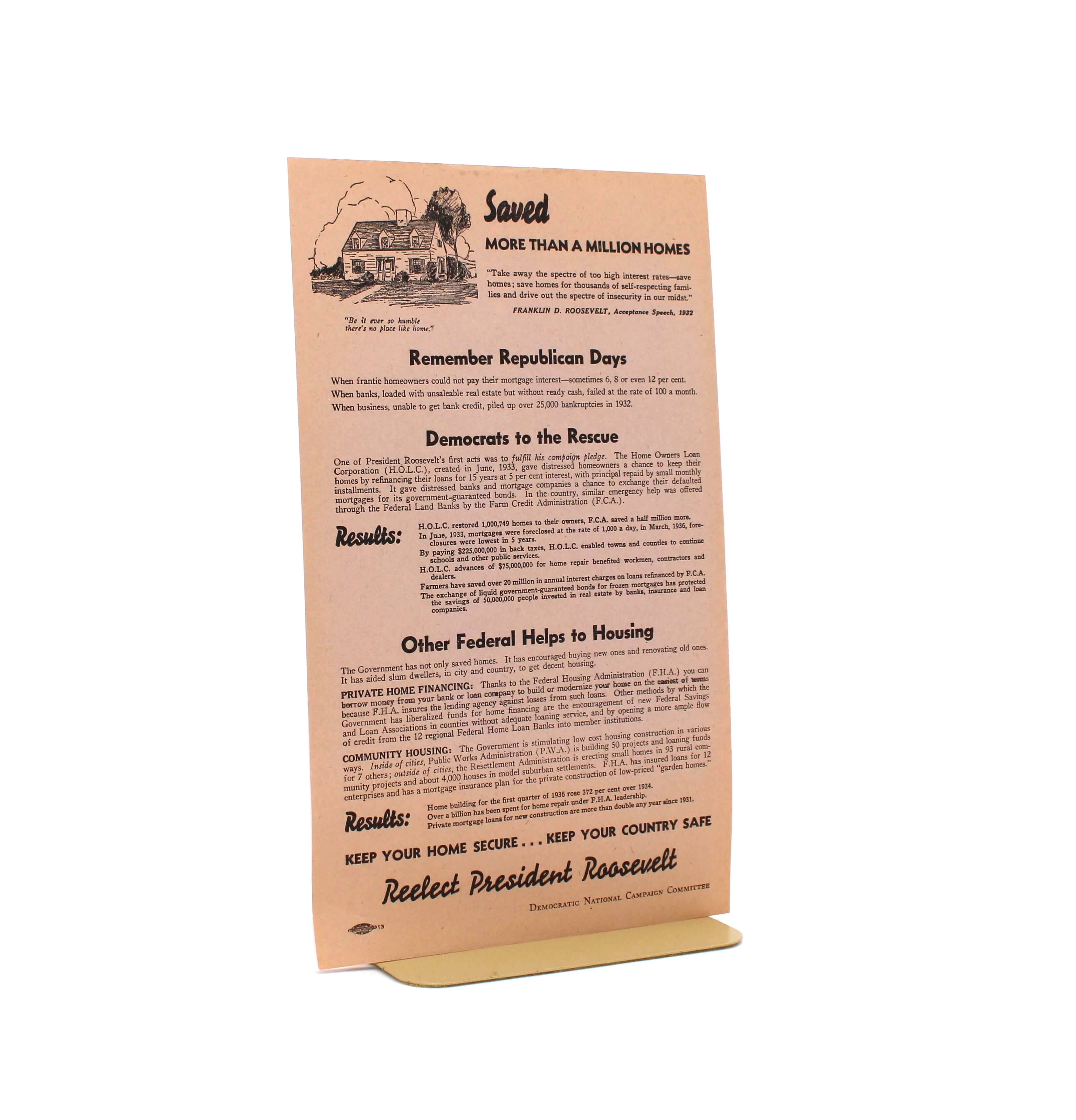 “Saved More than a Million Homes” Broadside. From the Campaign to Reelect Franklin D. Roosevelt. Democratic National Campaign Committee. No Place, 1936.