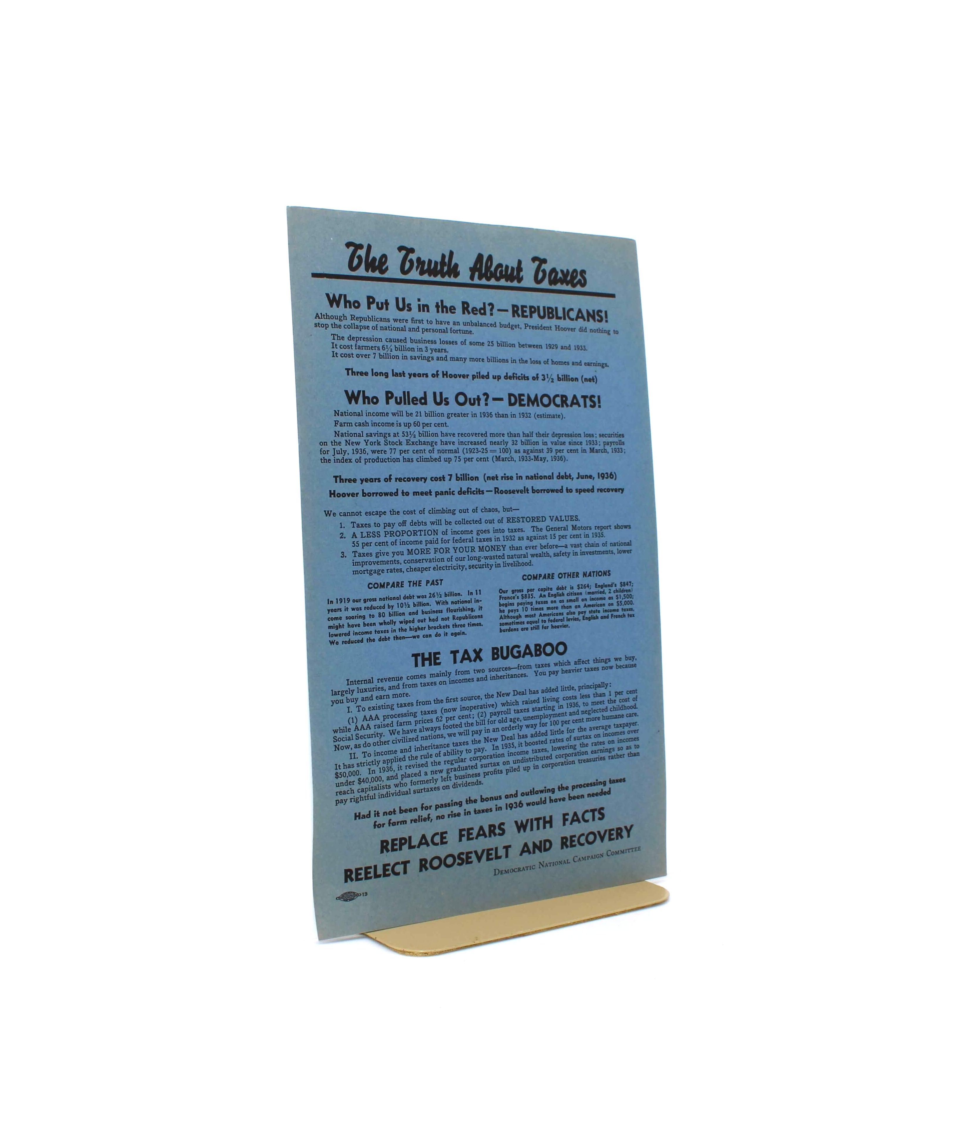 “The Truth About Taxes” Broadside. From the Campaign to Reelect Franklin D. Roosevelt. Democratic National Campaign Committee. No Place, 1936.