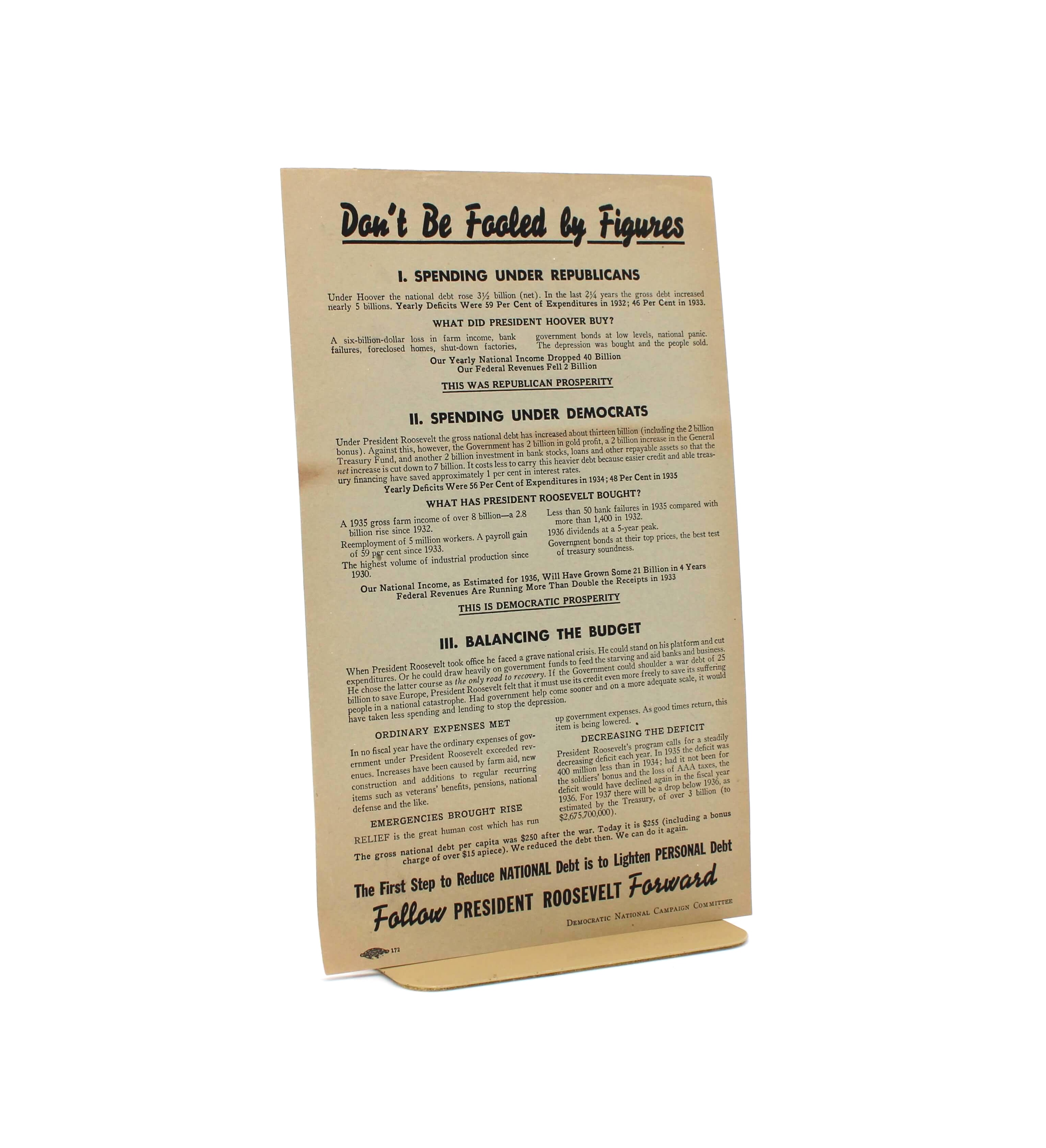“Don’t Be Fooled by Figures” Broadside. From the Campaign to Reelect Franklin D. Roosevelt. Democratic National Campaign Committee. No Place, 1936.