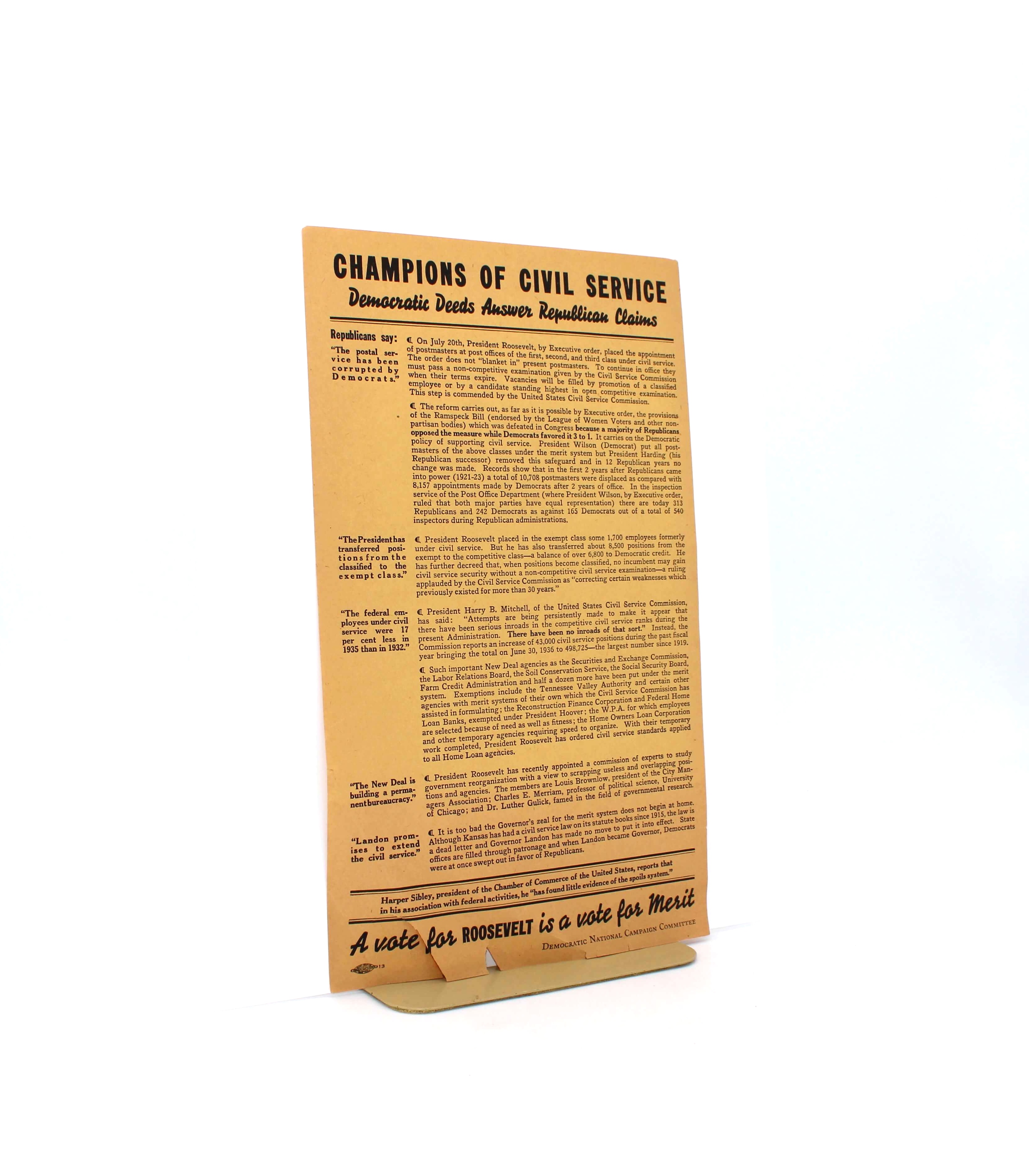 “Champions of Civil Service” Broadside. From the Campaign to Reelect Franklin D. Roosevelt. Democratic National Campaign Committee. No Place, 1936.