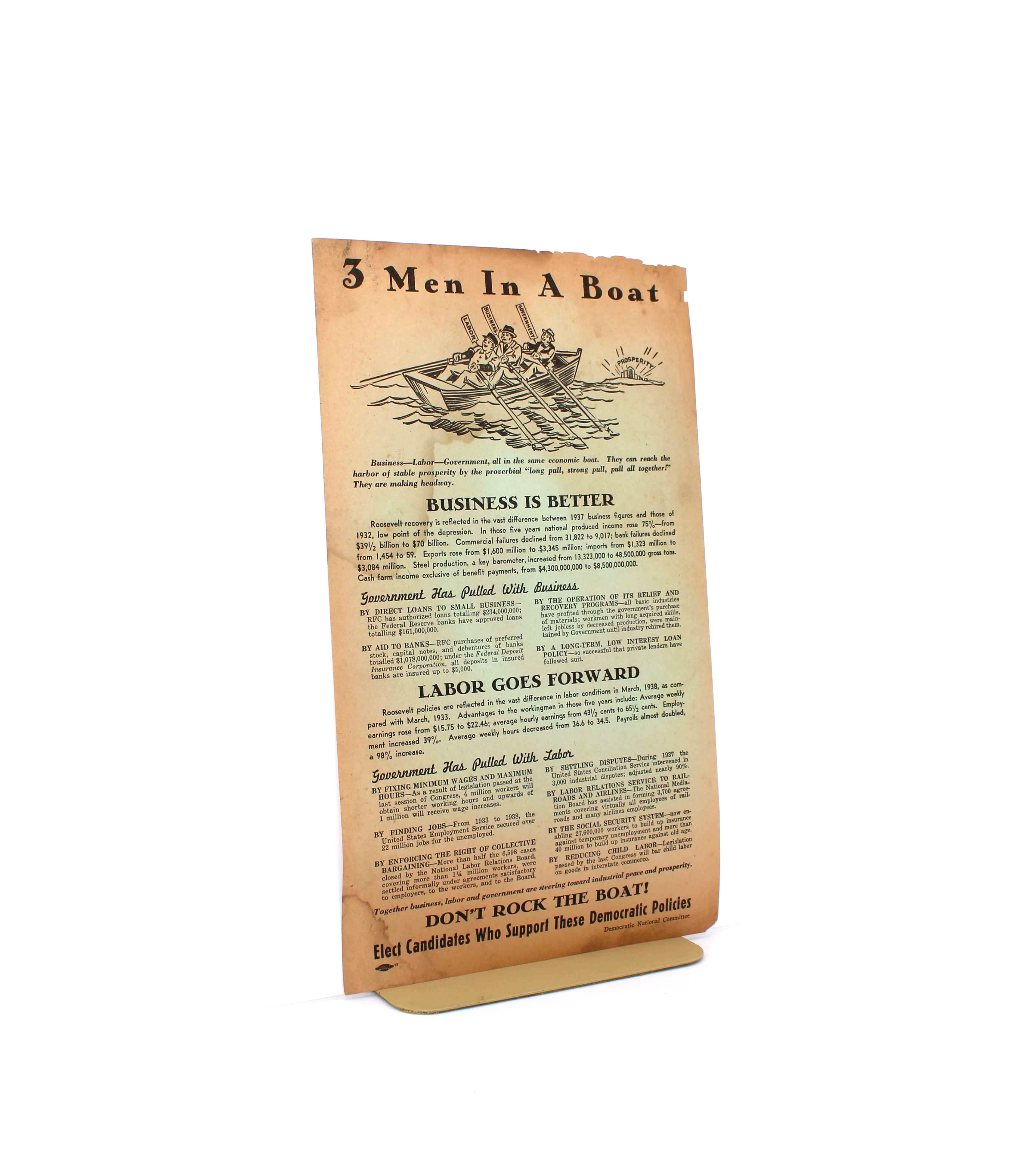 “3 Men in a Boat” Broadside. From the Campaign to Reelect Franklin D. Roosevelt. Democratic National Campaign Committee. No Place, 1936.