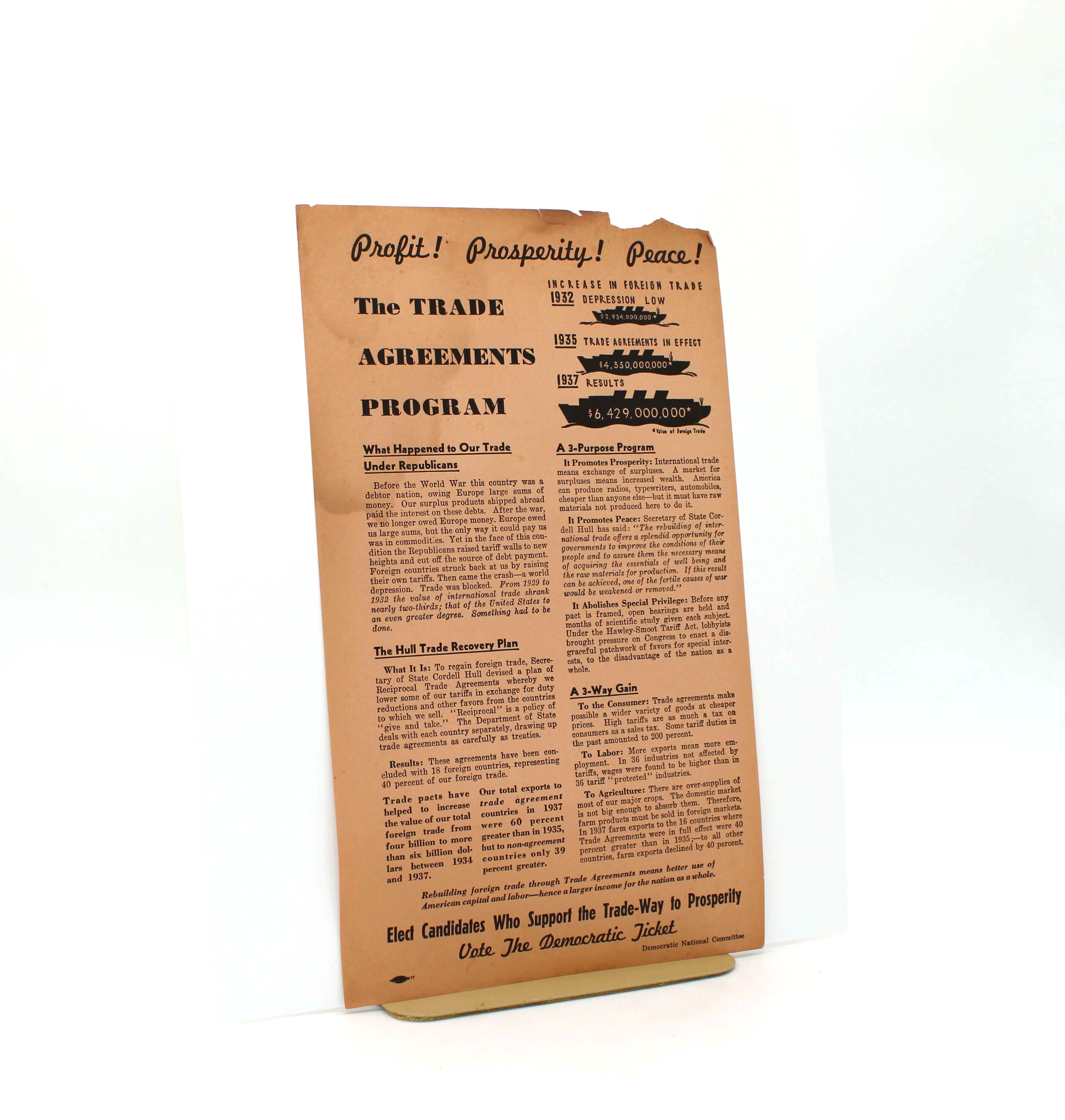 “Profit! Prosperity! Peace!” Broadside. From the Campaign to Reelect Franklin D. Roosevelt. Democratic National Campaign Committee. No Place, 1936.