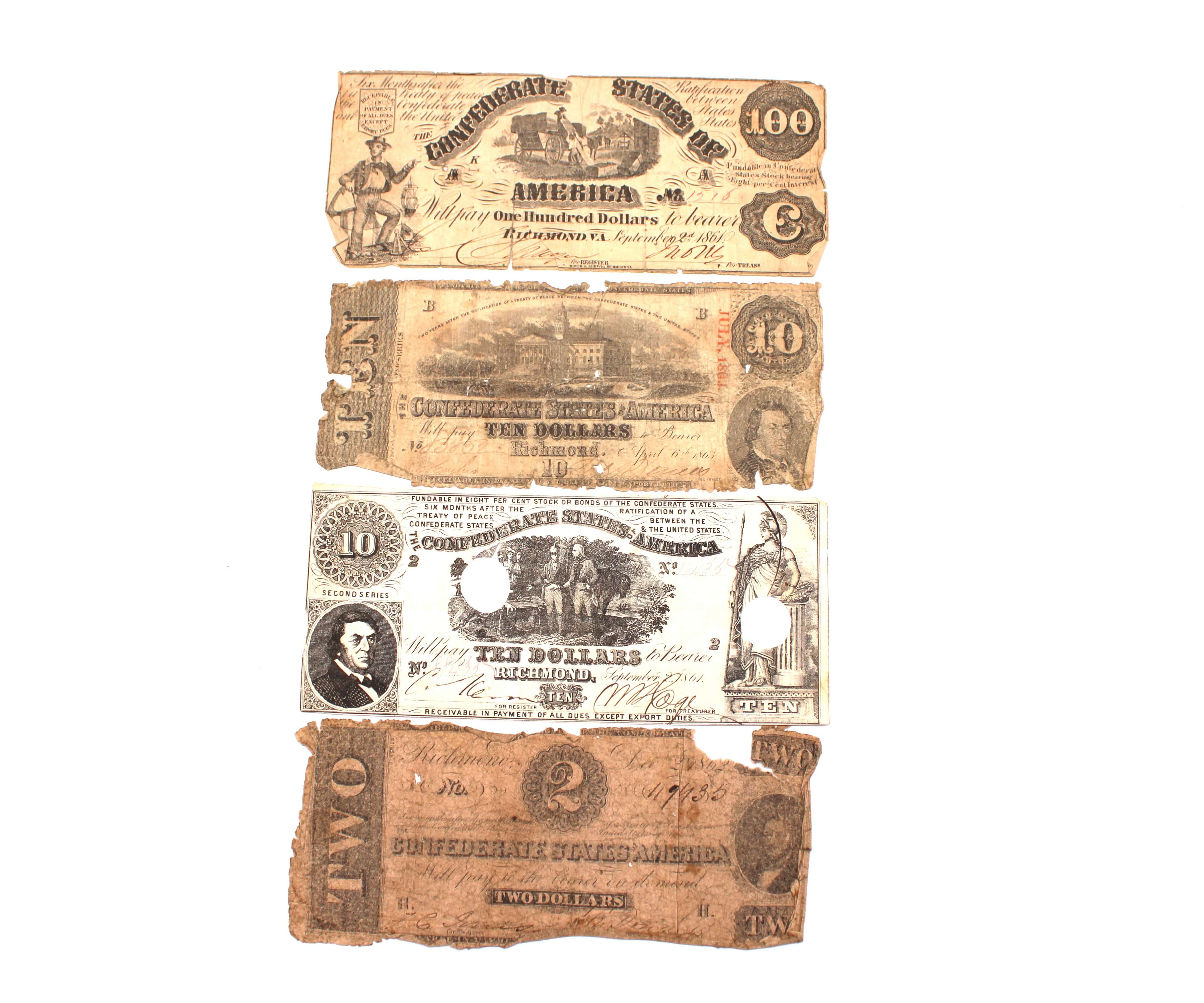 Four Confederate Notes. Issued by the Treasury of the Confederate States. Richmond, 1861-1863.