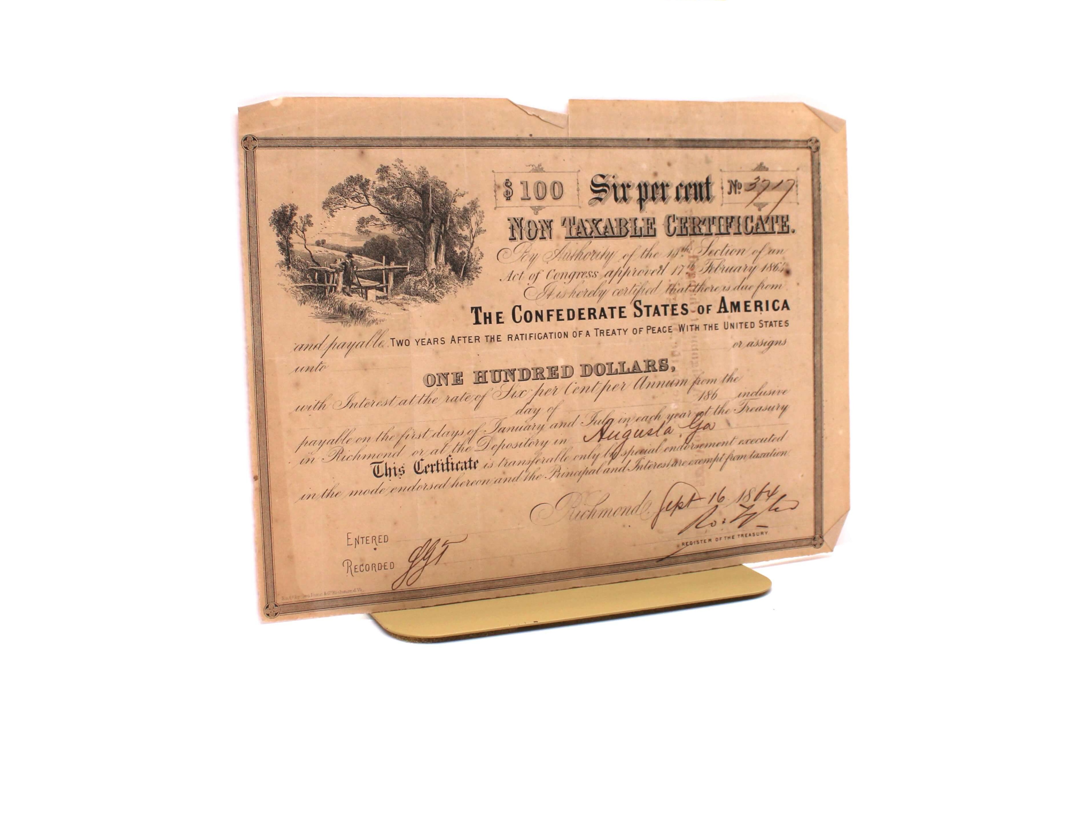 Confederate Non-Taxable Certificate. Treasury Bond Issued by the Treasury of the Confederate States. Richmond, 1864.