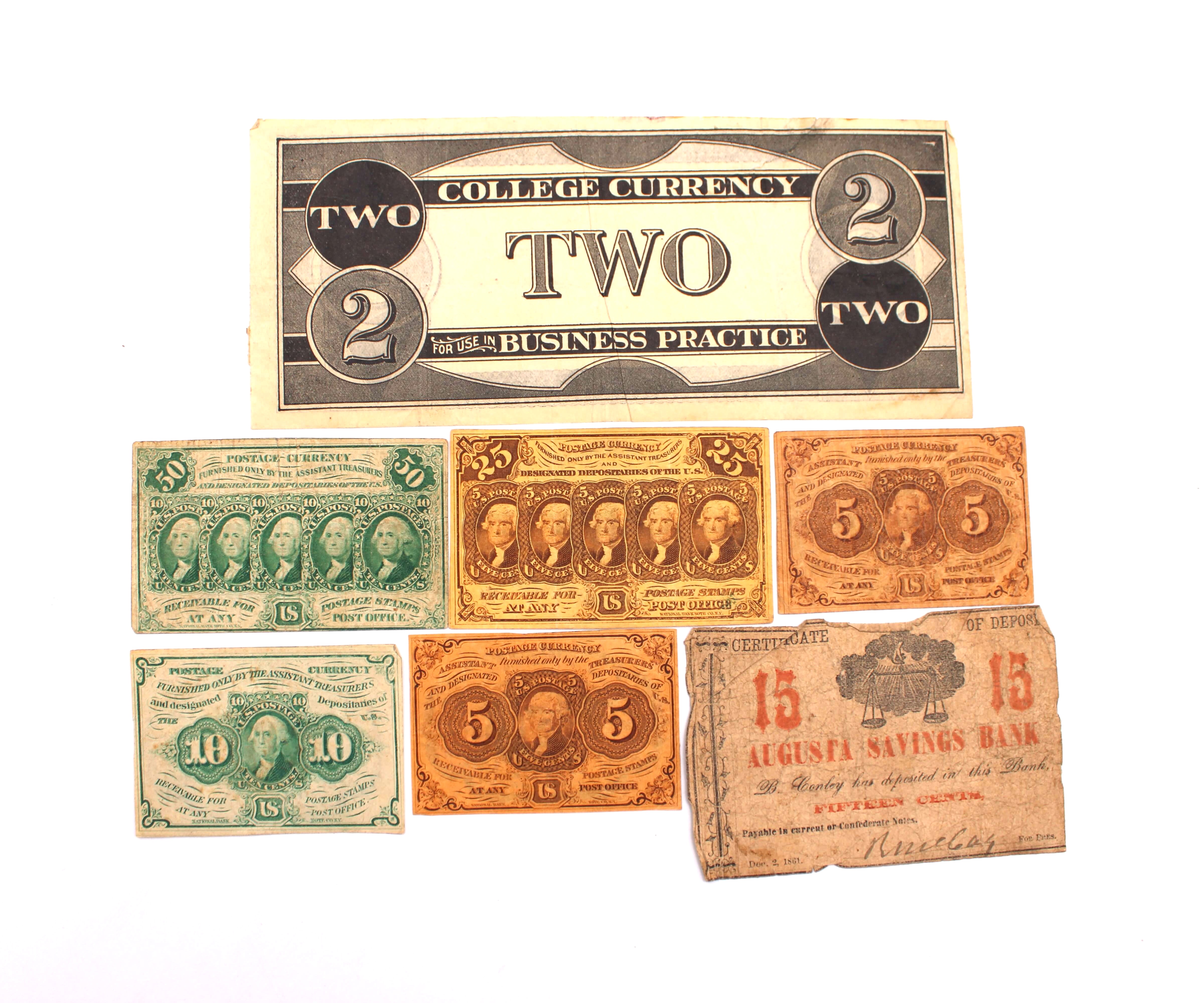 Seven Pieces of American Currency. Pieces Issued by U.S. Treasury, Augusta Savings Bank, and Unknown College. Various Places, 1861-Circa 1870s.