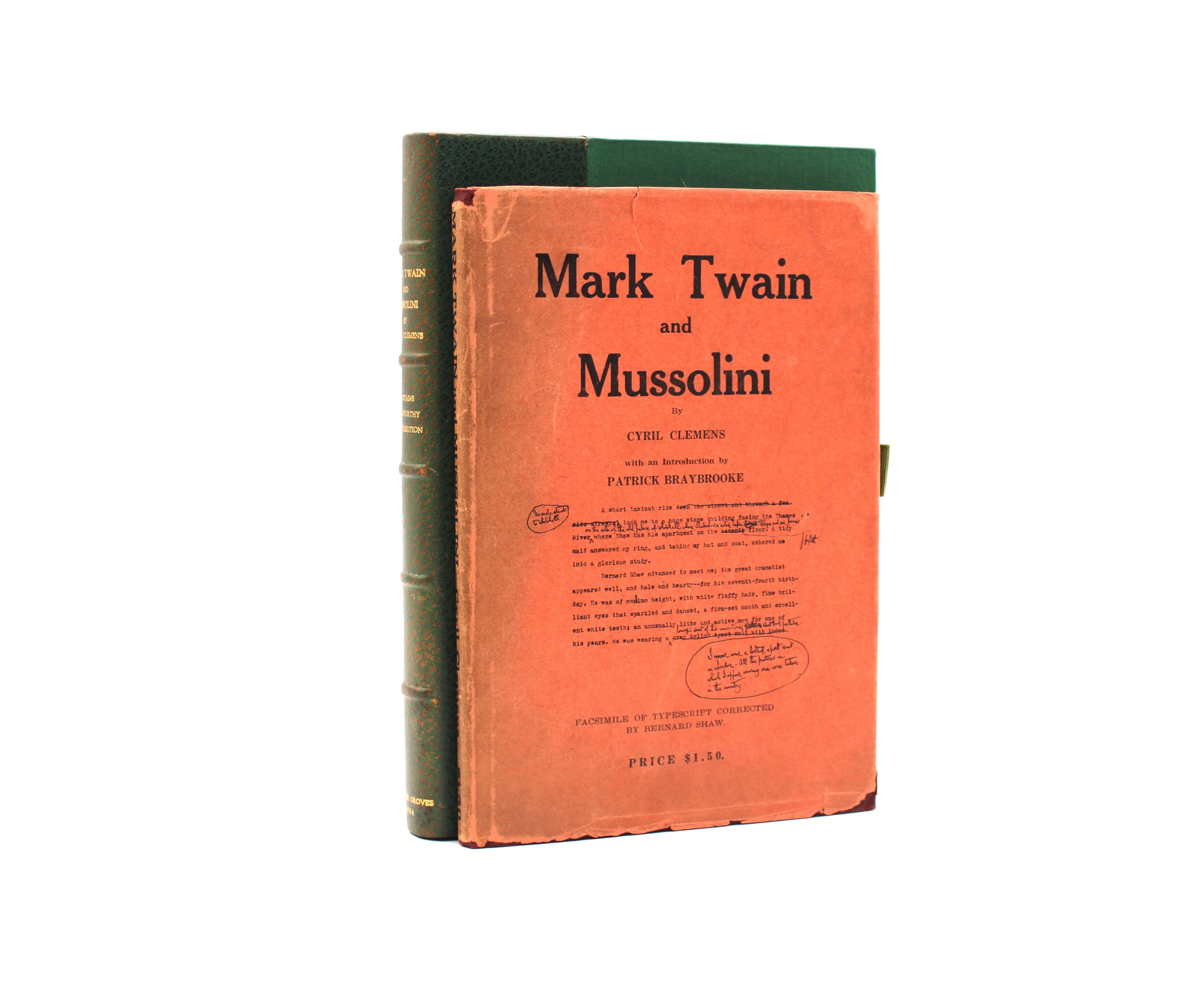 Mark Twain and Mussolini. By Cyril Clemens. First Edition, First Printing. International Mark Twain Society. Webster Groves, 1934.